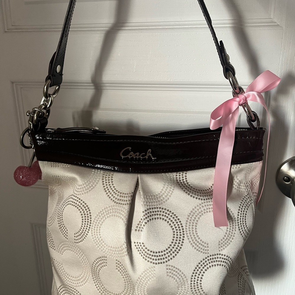 Coach Cream and Black Shoulder Bag with Pink Accent